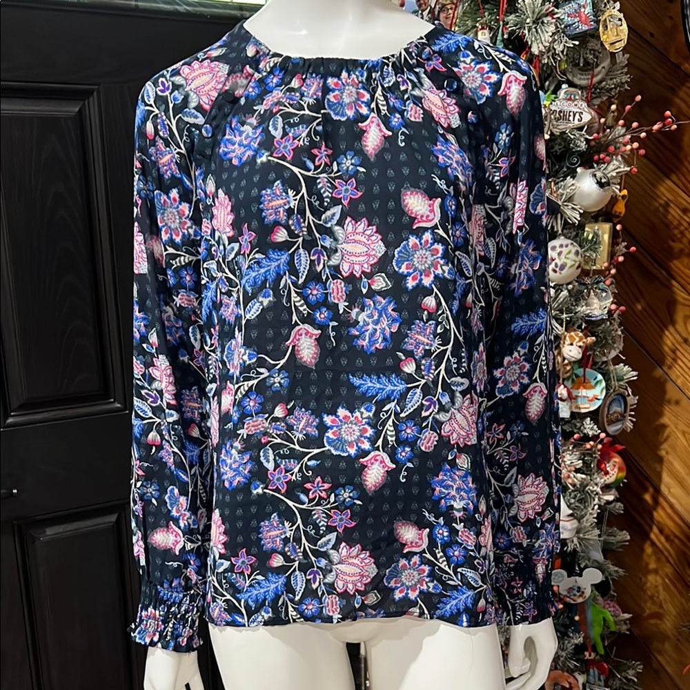 Floral Print Women's Top - Black and Pink LOFT NWT Medium #EE